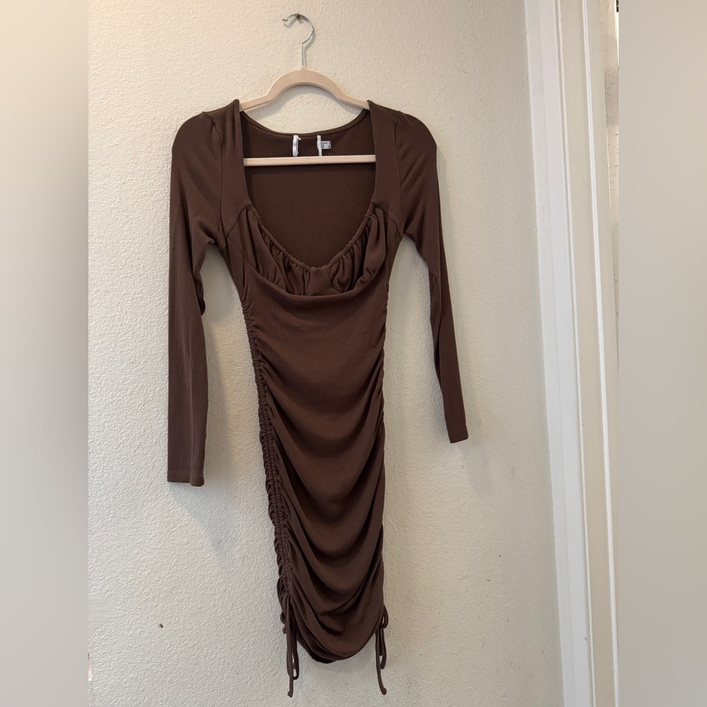 Brown Ruched Long Sleeve Dress